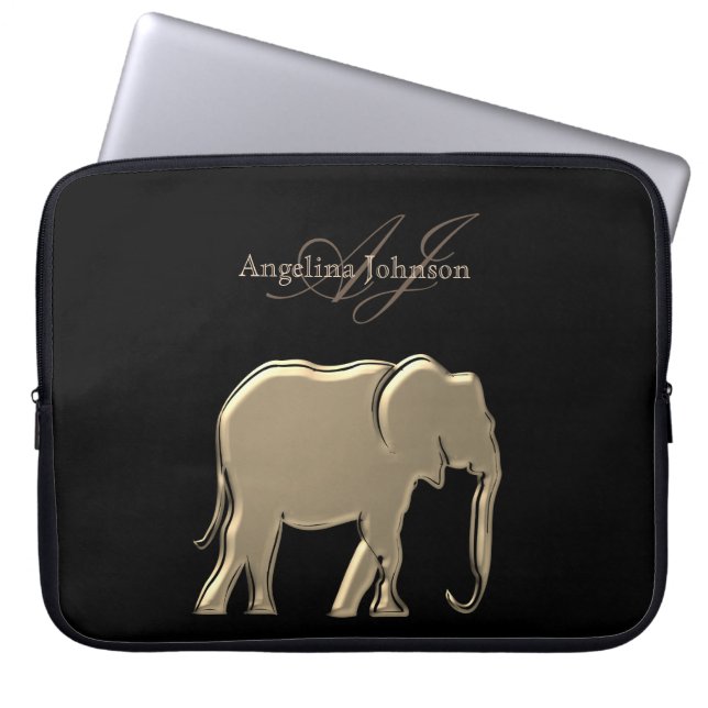 Zwarte en gouden folie olifant Elegant Monogrammed Laptop Sleeve (Voorkant)