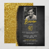Zwarte en gouden  foto 90ste verjaardag kaart (Voorkant / Achterkant)