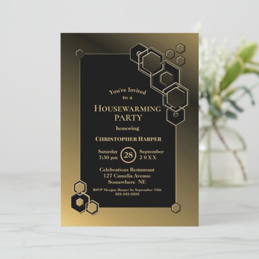 Zwarte en gouden geometrische Housewarming Party Kaart (Staand voorkant)