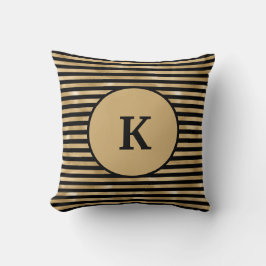 Zwarte en gouden gestreepte chic moderne monogram  kussen