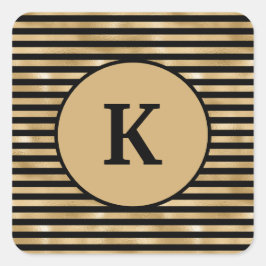 Zwarte en gouden gestreepte chic moderne monogram vierkante sticker