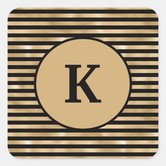 Zwarte en gouden gestreepte chic moderne monogram vierkante sticker (Voorkant)