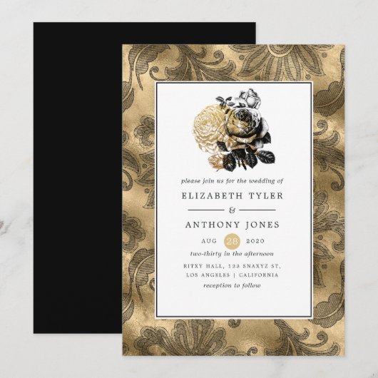 Zwarte en gouden glamour bruiloft kaart (Voorkant / Achterkant)