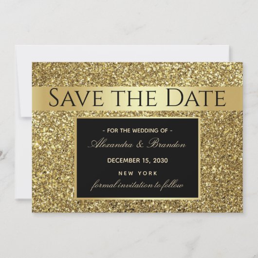 Zwarte en gouden glamour bruiloft save the date (Voorkant)