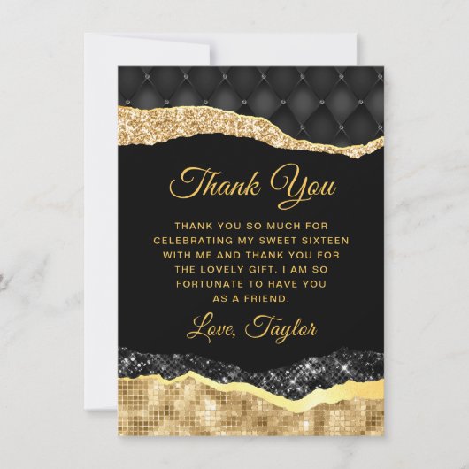 Zwarte en gouden glazen tranen zoete zestien bedankkaart (Voorkant)