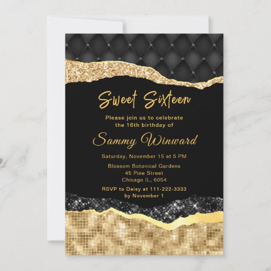 Zwarte en gouden glazen tranen zoete zestien kaart (Voorkant)