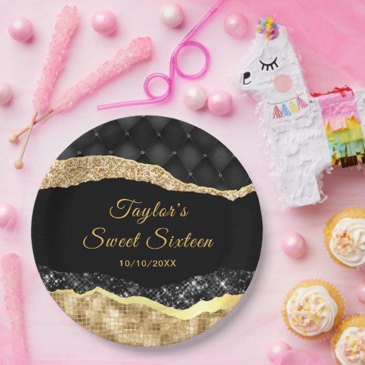 Zwarte en gouden glazen tranen zoete zestien papieren bordje (Feest)