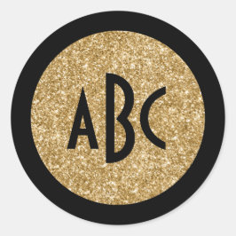 Zwarte en gouden glinsterende cirkelmonogram ronde sticker