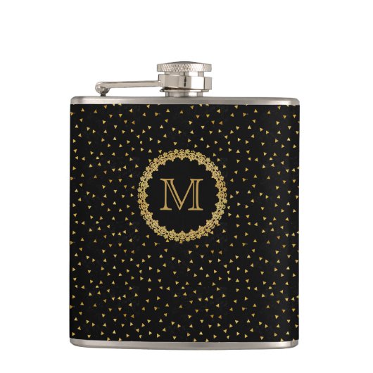 Zwarte en gouden glinsterende monogram heupfles (Voorkant)