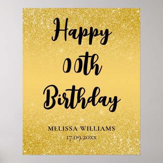 Zwarte en gouden glitter Happy Birthday Poster (Voorkant)