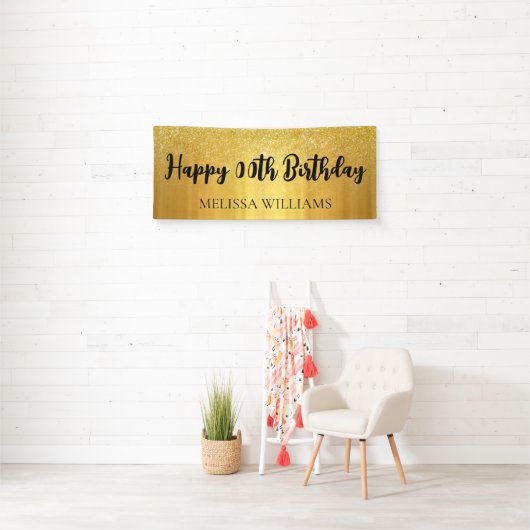 Zwarte en gouden glitter Happy Birthday Spandoek (Insitu)