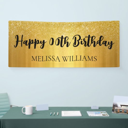 Zwarte en gouden glitter Happy Birthday Spandoek (Beurs)