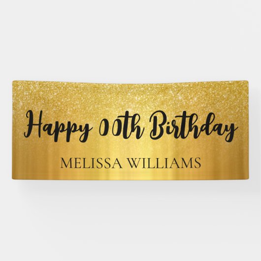 Zwarte en gouden glitter Happy Birthday Spandoek (Horizontaal)