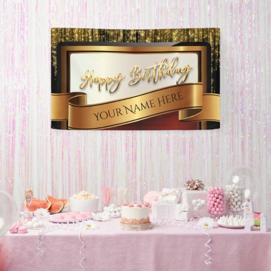 Zwarte en gouden glitter Happy Birthday Spandoek (Feest)