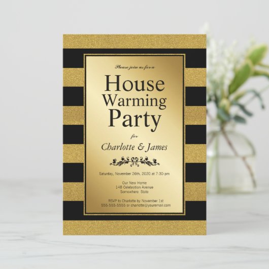 Zwarte en gouden glitter Striped Housewarming Part Kaart (Staand voorkant)