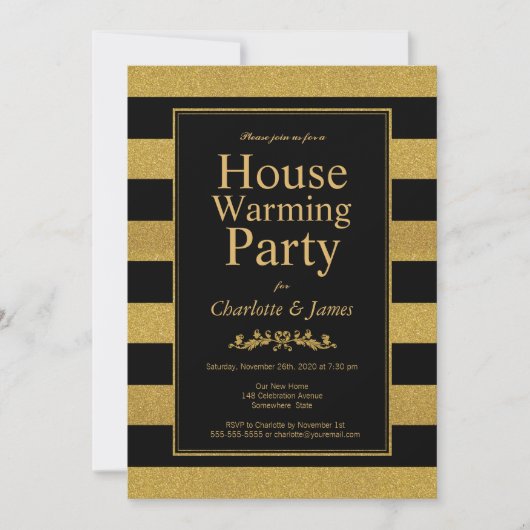 Zwarte en gouden glitter Striped Housewarming Part Kaart (Voorkant)