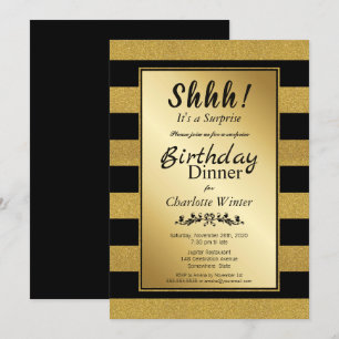 Zwarte en gouden glitter Surprise Birthday Dinner Kaart