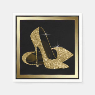 Zwarte en gouden glitterschoen met hoge hak servet
