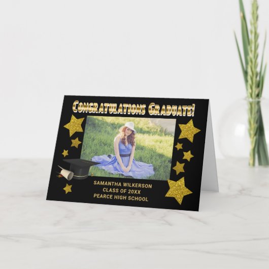 Zwarte en gouden glitterstrips Afstuderen Aankondiging (Voorkant)