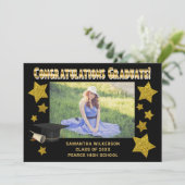 Zwarte en gouden glitterstrips Afstuderen Aankondiging (Staand voorkant)