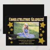 Zwarte en gouden glitterstrips Afstuderen Aankondiging (Voorkant / Achterkant)