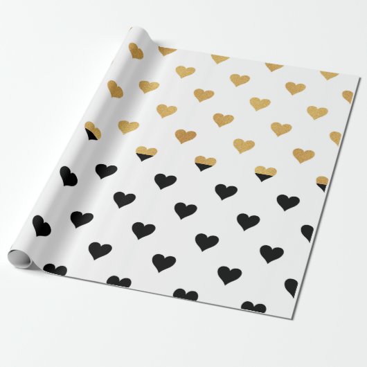 Zwarte en gouden harten cadeaupapier (Uitgerold)