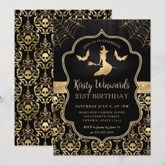 Zwarte en gouden heks en vleermuizen Damask 21ste Kaart (Voorkant / Achterkant)
