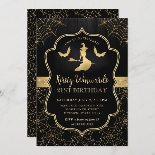 Zwarte en gouden heks en vleermuizen Damask 21ste  Kaart (Voorkant / Achterkant)