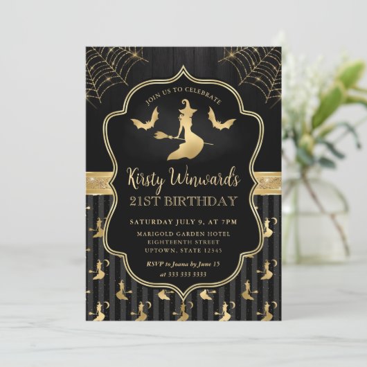 Zwarte en gouden heks en vleermuizen Damask 21ste  Kaart (Staand voorkant)