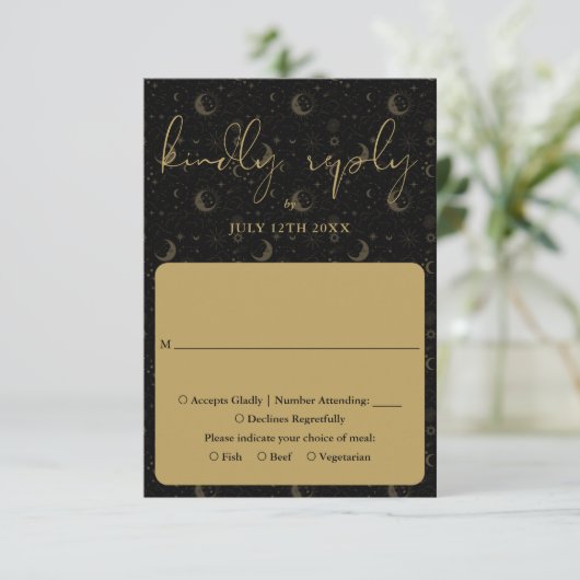 Zwarte En Gouden Hemelse Mystieke Bruiloft RSVP Kaartje (Staand voorkant)