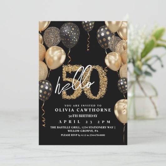 Zwarte en gouden heteluchtballon 50e verjaardag kaart (Staand voorkant)