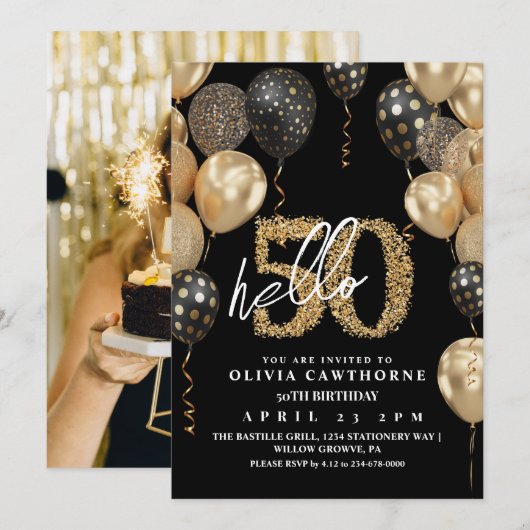 Zwarte en gouden heteluchtballon 50e verjaardag kaart (Voorkant / Achterkant)