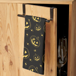 Zwarte en gouden Jack-O' Lanterns Zwarte Halloween Theedoek