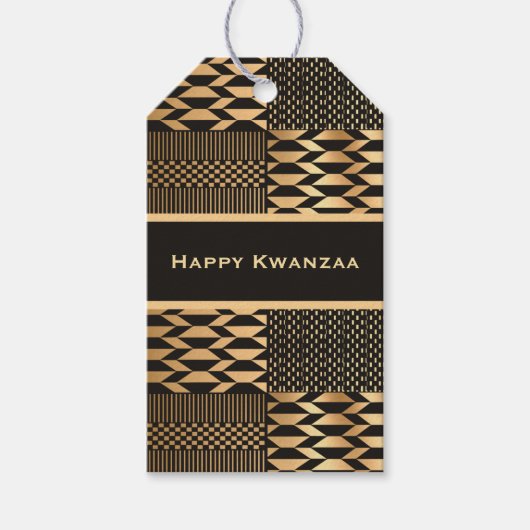Zwarte en Gouden Kente 'Happy Kwanzaa' Cadeaulabel (Voorkant)