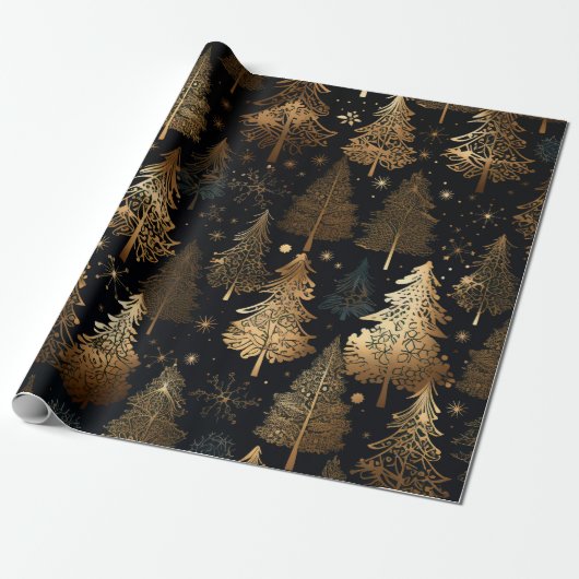 Zwarte en gouden kerstbomen cadeaupapier (Uitgerold)
