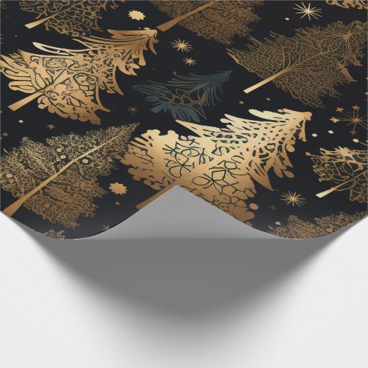 Zwarte en gouden kerstbomen cadeaupapier (Hoek)