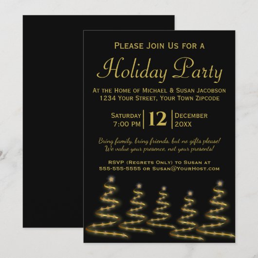 Zwarte en gouden kerstbomen Elegant Holiday Party Kaart (Voorkant / Achterkant)
