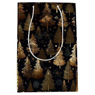 Zwarte en gouden kerstbomen medium cadeauzakje