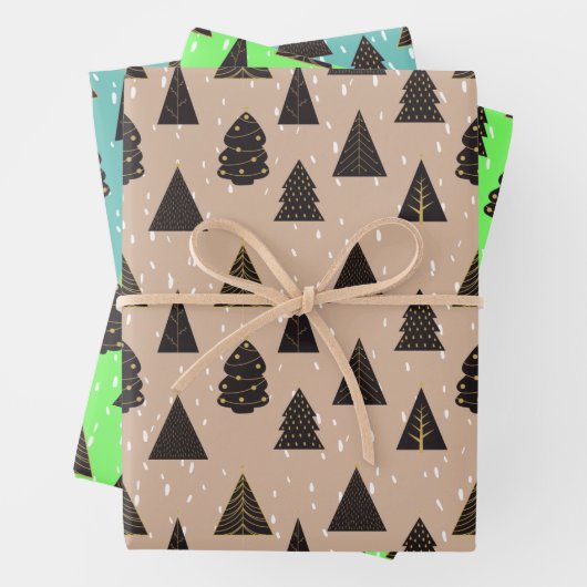 Zwarte en gouden kerstbomen, sneeuw inpakpapier vel (In situ)