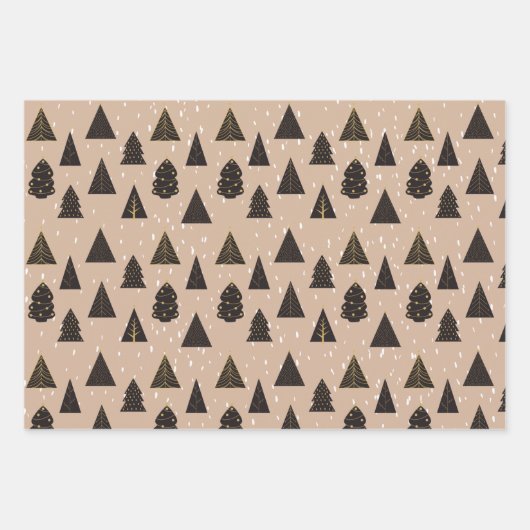 Zwarte en gouden kerstbomen, sneeuw inpakpapier vel (Voorkant)