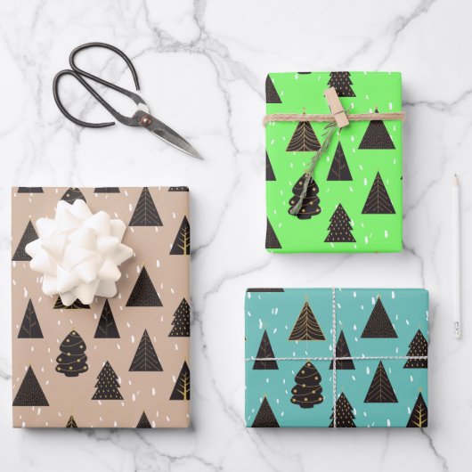 Zwarte en gouden kerstbomen, sneeuw inpakpapier vel (Voorkant)