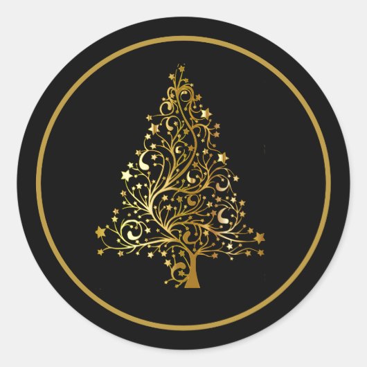 Zwarte en gouden kerstboomenvelop ronde sticker (Voorkant)