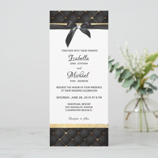 Zwarte en gouden kleine diamantbooguitnodiging kaart (Staand voorkant)