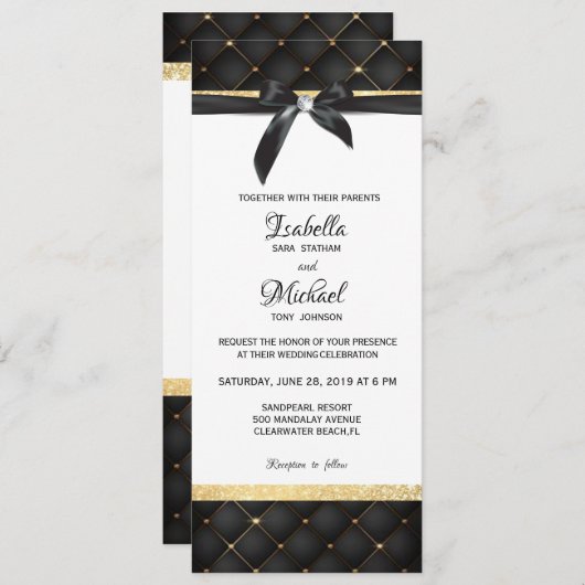 Zwarte en gouden kleine diamantbooguitnodiging kaart (Voorkant / Achterkant)