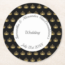 Zwarte en gouden kroon bruiloft ronde kartonnen onderzetter