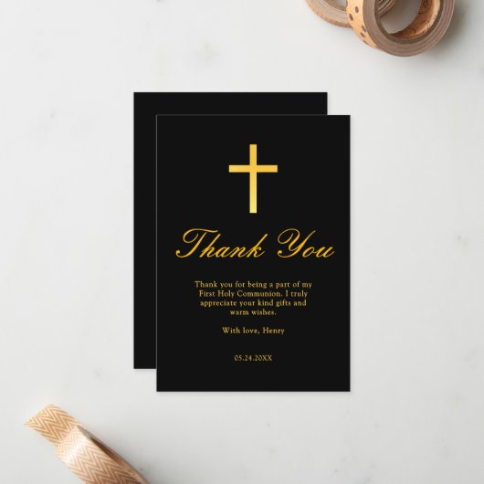 Zwarte en Gouden Kruis Eerste Communie Dank U Notitiekaartje (Voorkant / Achterkant in situ)