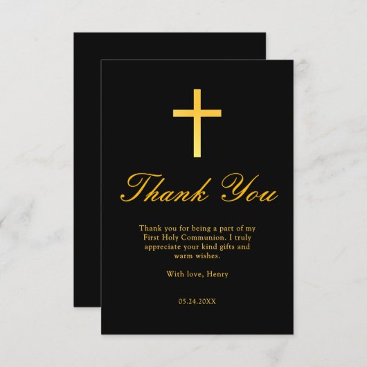 Zwarte en Gouden Kruis Eerste Communie Dank U Notitiekaartje (Voorkant / Achterkant)