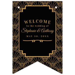 Zwarte en gouden kunst Deco Fan Flowers Weddenscha Vlaggetjes