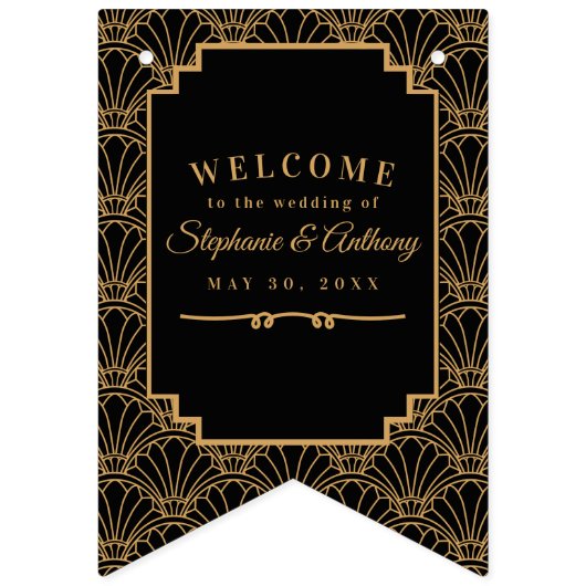 Zwarte en gouden kunst Deco Fan Flowers Weddenscha Vlaggetjes (Eerste vlag)