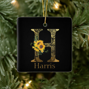 Zwarte en gouden letter H zonnebloemen Keramisch Ornament